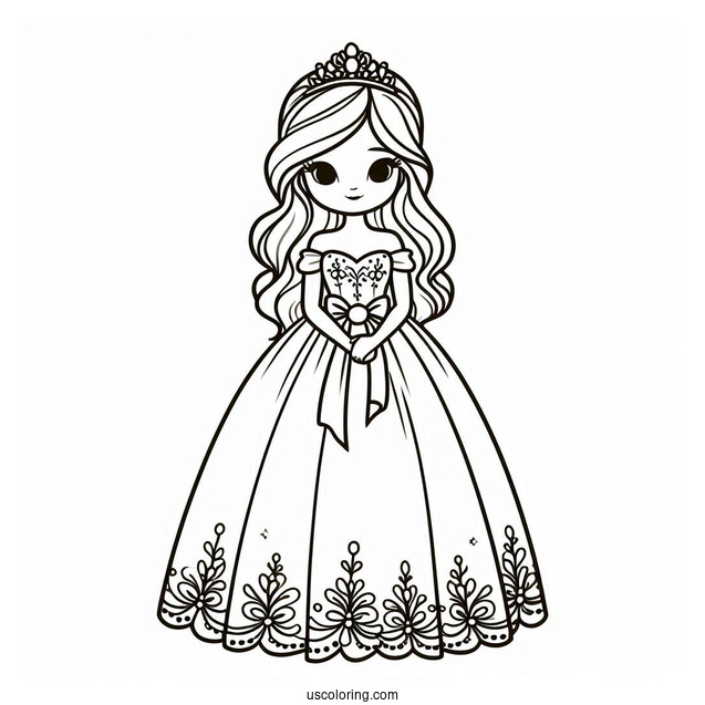 Easy Princess Daisy Coloring Page In Gown For Kids