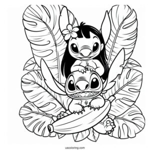 Coloring Page Of Lilo And Stitch With Banana Leaves