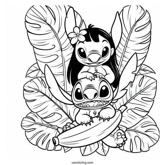 Coloring Page Of Lilo And Stitch With Banana Leaves