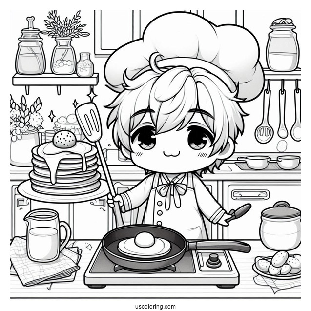 Energetic Chibi Coloring Page Chef Flipping Pancakes in a Cozy Kitchen