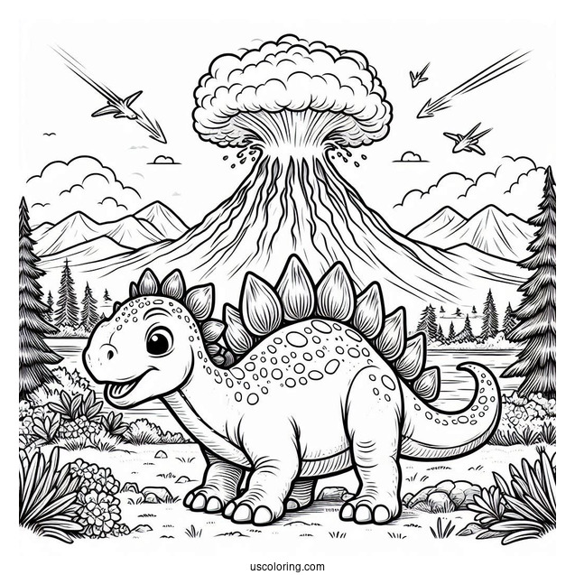 Stegosaurus Coloring Page In Front Of Erupting Volcano