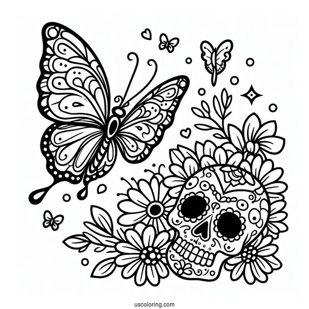 Butterfly Flying To A Sugar Skulls Coloring Page With Flowers