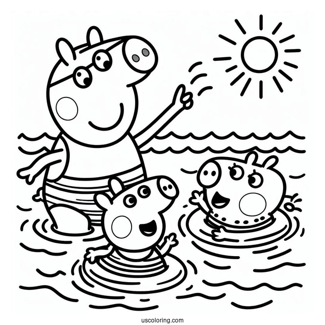 Swimming Coloring Page Of Mummy Pig Teaching George Pig And Peppa Pig To Swim