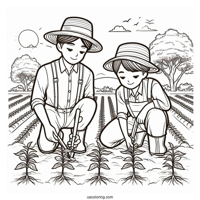 Two Farmers Planting Crops To Color