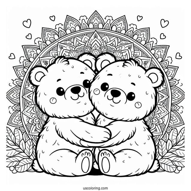 Two Cartoon Bear Coloring Page Hugging In Front Of Mandala