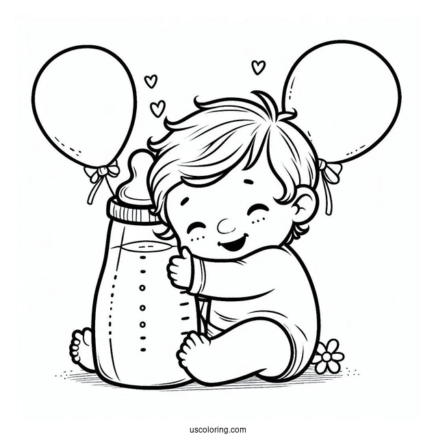Baby Coloring Page Of Boy Embracing Large Milk Bottle With Balloons