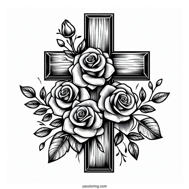 Wooden Cross With Roses To Color