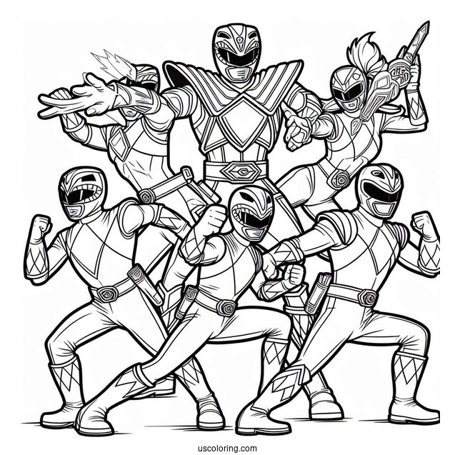 Coloring Page Of Power Rangers Fighting Together