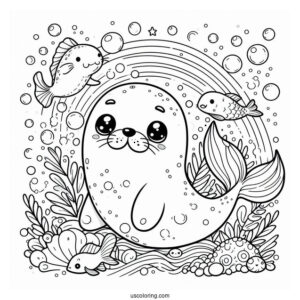 Simple Seal Coloring Page Surrounded By Fish