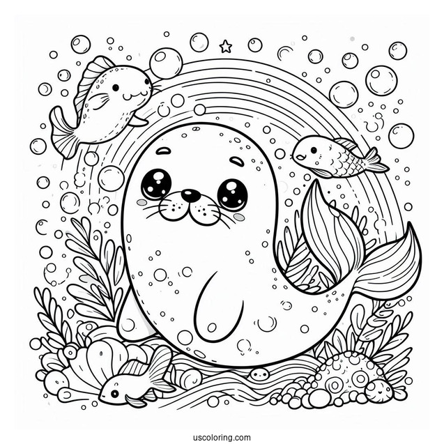 Simple Seal Coloring Page Surrounded By Fish