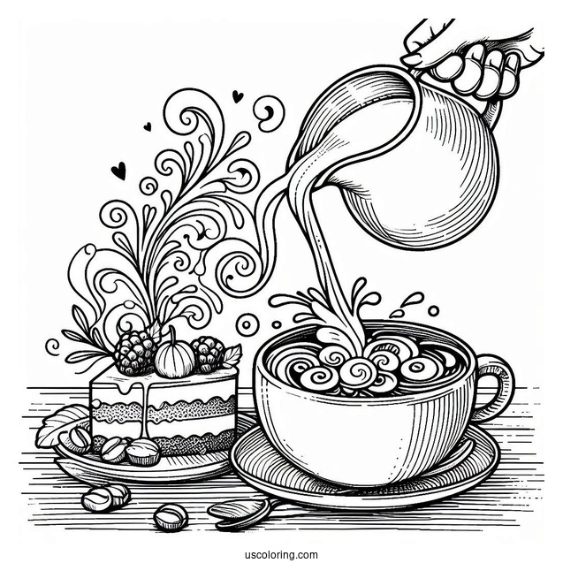 Milk Being Poured Into Coffee Coloring Pages Of Cup With Dessert On Table