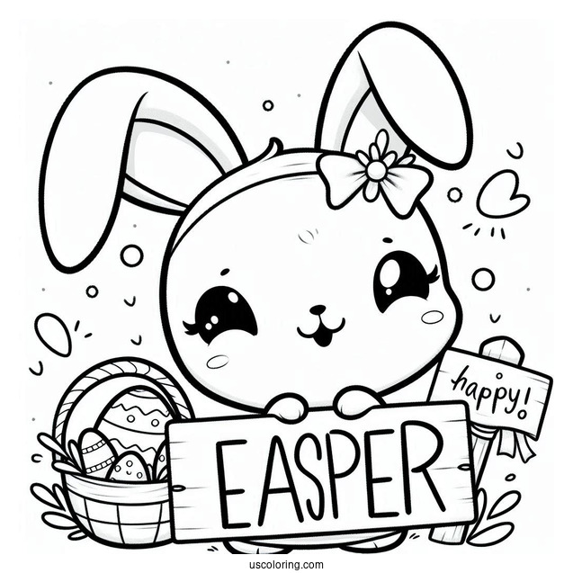 Easter Coloring Page Of Smiling Bunny Holding Happy Easter Sign For Kids