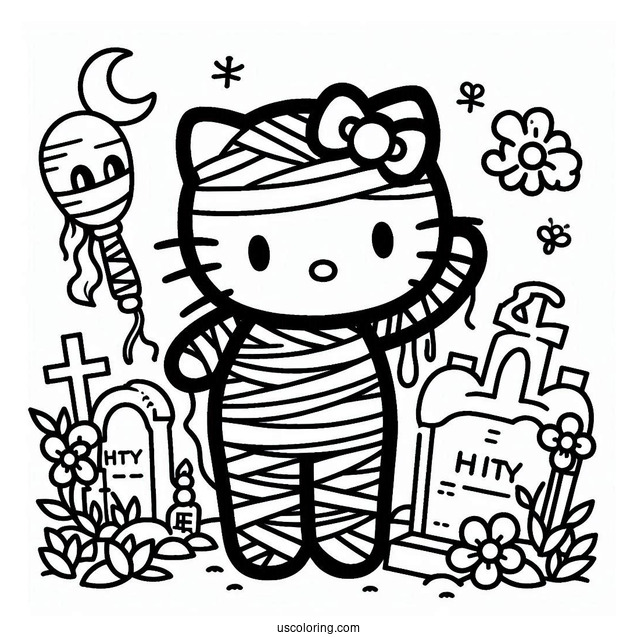 Hello Kitty Mummy Coloring Page In The Cemetery For Kids