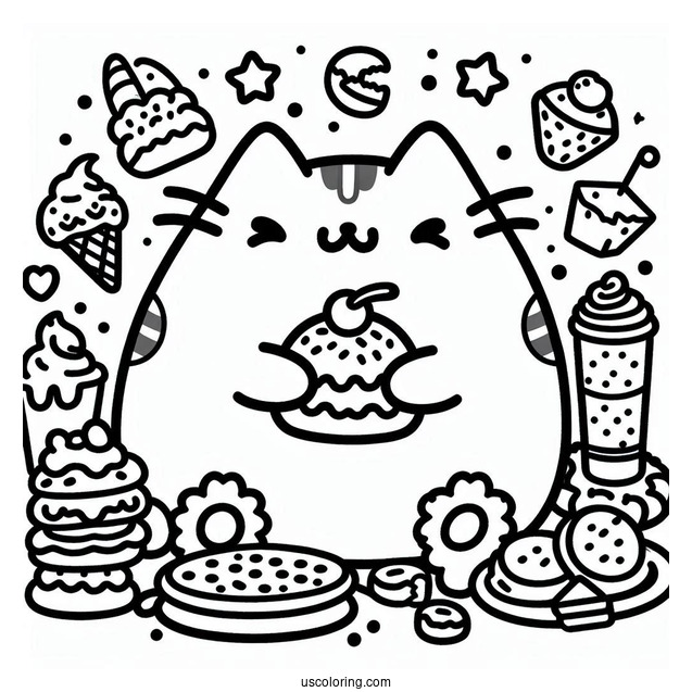 Pusheen With Lots Of Food Coloring Page