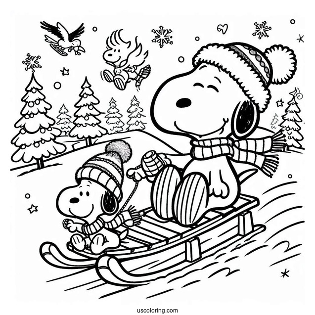 Woodstock And Snoopy Sledding During Christmas