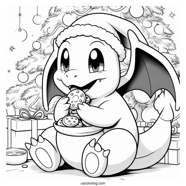 Pokemon Christmas Coloring Page Charizard Eating Cookies In Front Of Christmas Tree