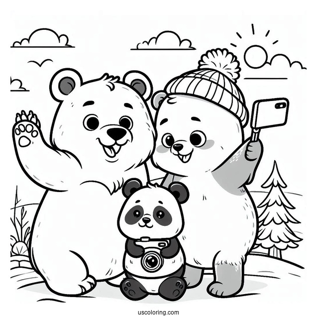 Cartoon Bear Coloring Page Taking Selfie With Panda And Polar Bear