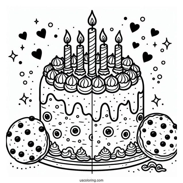 Cookie Birthday Cake With Candle Coloring Page For Kids