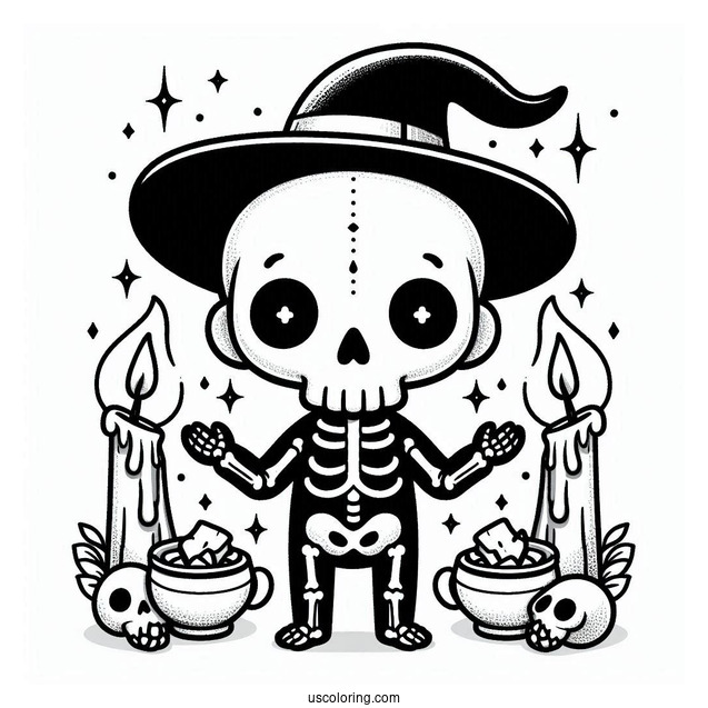Spooky Chibi Skeleton Coloring Page In Halloween