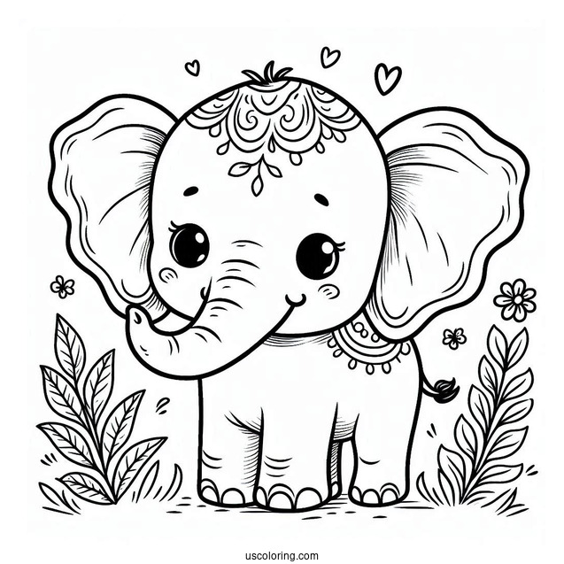 Cute Elephant With Big Ears Coloring Sheet