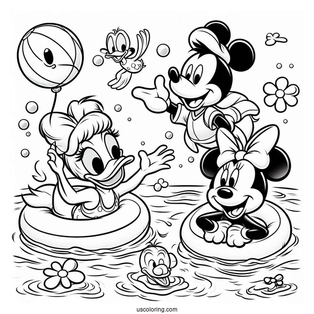 Swimming Coloring Page Of Donald Duck, Daisy Duck, Mickey Mouse, And Minnie Mouse, With Pluto Playing In The Sea