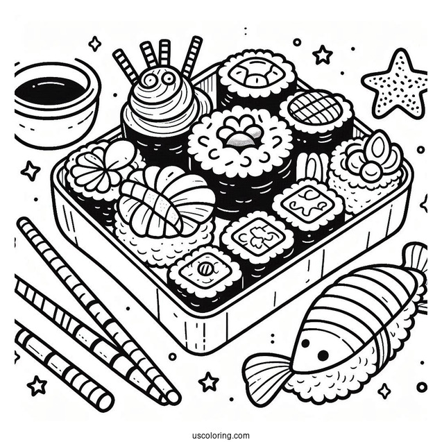 Sushi Coloring Pages In Bento Box For Kids
