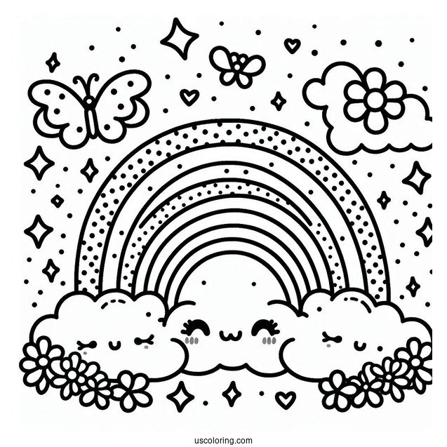 Kawaii Polka Dot Rainbow Coloring Page With Clouds, Flowers, And Butterflies For Kids