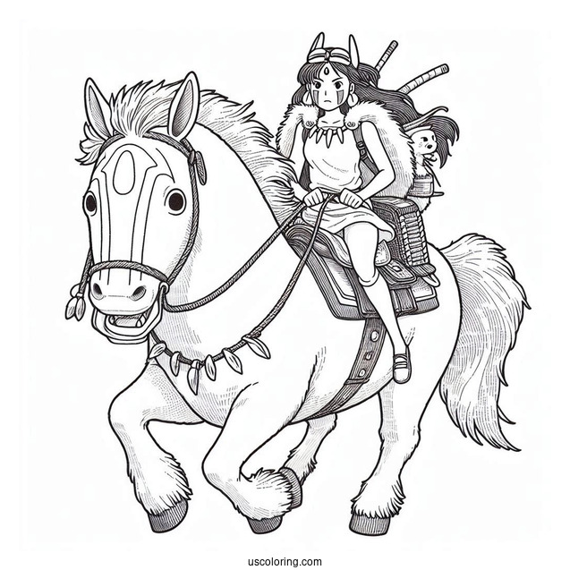 Studio Ghibli Coloring Page of Princess Mononoke San Riding Moro