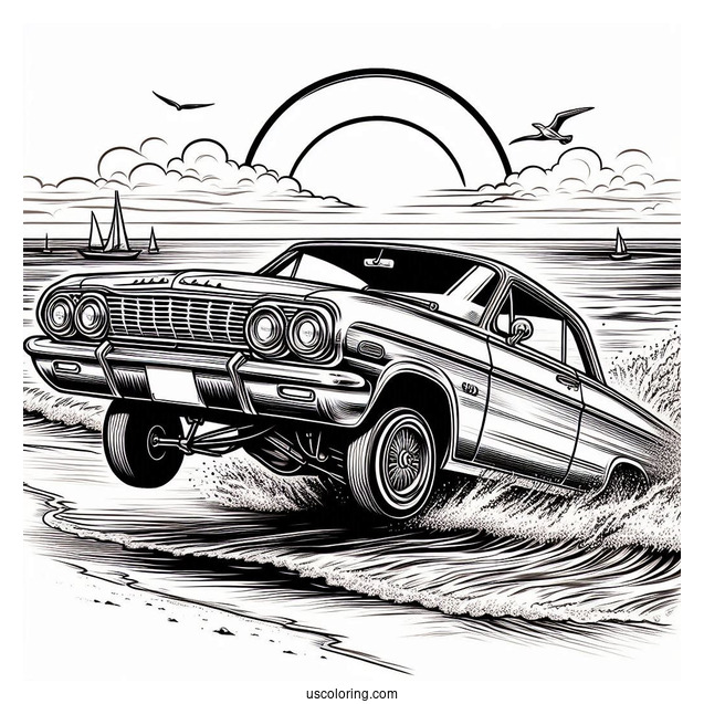 Lowrider Coloring Page Of 1964 Chevy Impala Hopping At The Beach