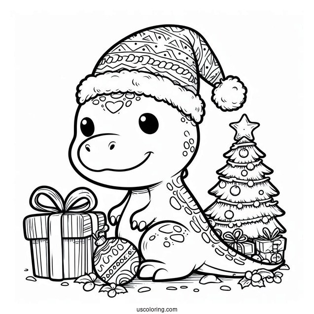 Christmas Themed T-Rex With Santa Hat To Color