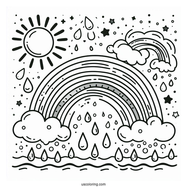 Rain Coloring Page Of Raindrops And Rainbows For Preschoolers