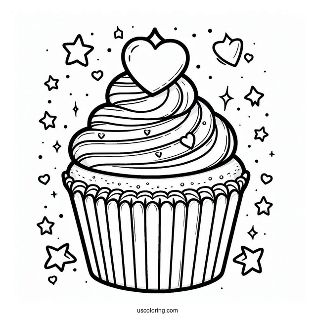Cupcake With Stars And Love Heart To Color