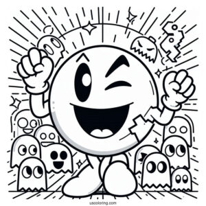 Victorious Pac-Man Coloring Page Winking With Ghosts In Background