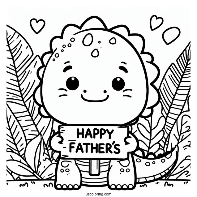 Father's Day Coloring Page Of Cute Dinosaur Holding A Happy Father's Day Sign For Kids