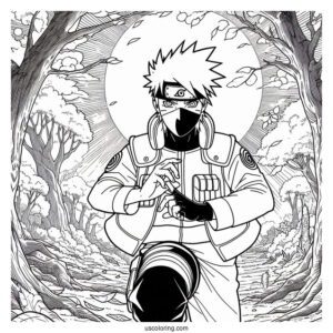 Hatake Kakashi Coloring Page In The Forest With Mangekyo Sharingan In The Sky