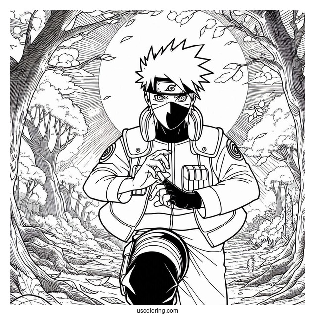 Hatake Kakashi Coloring Page In The Forest With Mangekyo Sharingan In The Sky