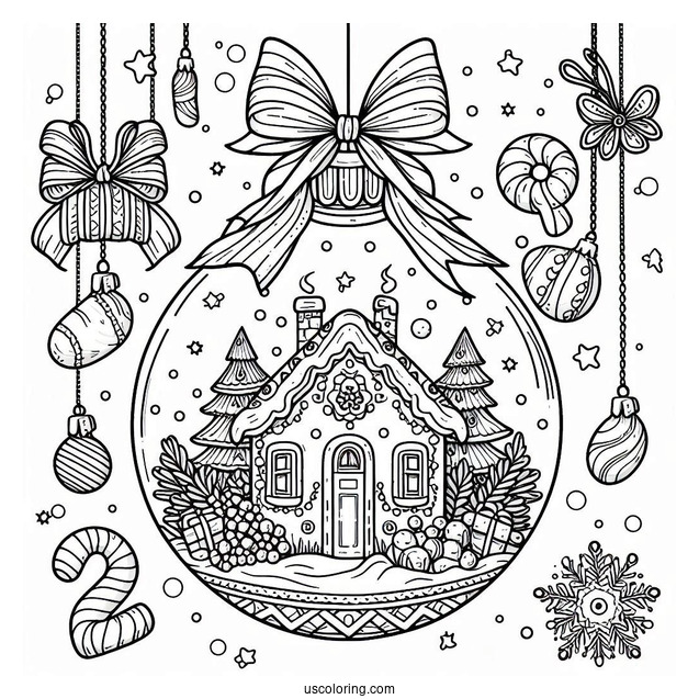 Christmas Coloring Pages For Adults Of Christmas Bauble With Gingerbread House Inside