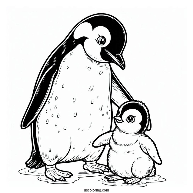 Emperor Penguin With Baby Chick Coloring In