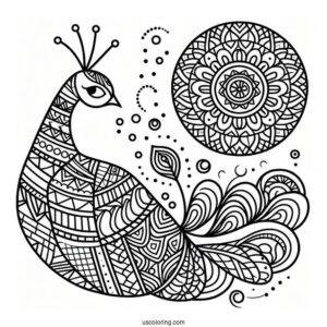 Geometric Peacock Coloring Page With Patterned Tail For Kids