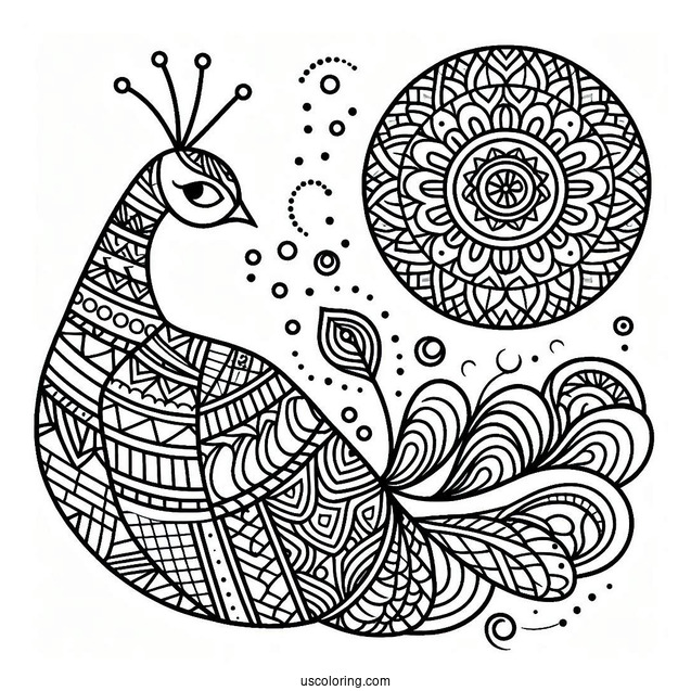 Geometric Peacock Coloring Page With Patterned Tail For Kids