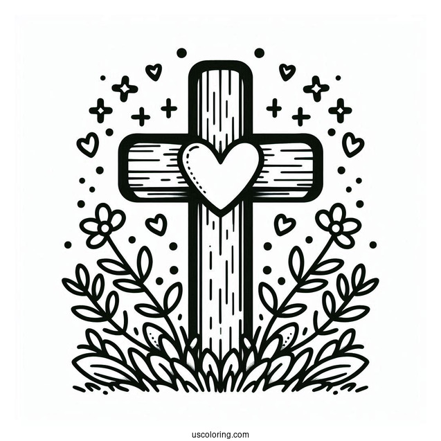 Cross Coloring Page With Love Heart For Preschoolers