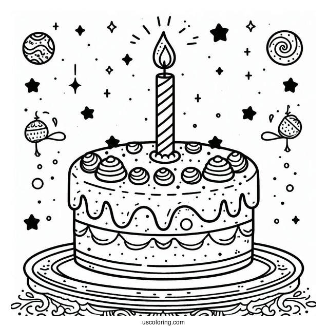 Cookie Birthday Cake With Candle Coloring Page For Kids
