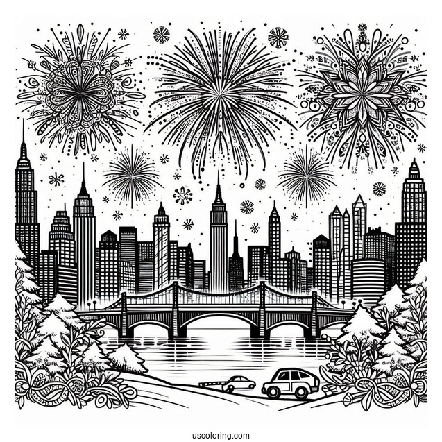 New Year Coloring Page Of Fireworks Over The City