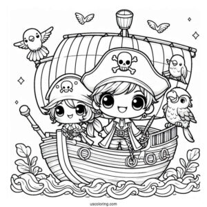 Adorable Chibi Pirates On A Pirate Ship Coloring Page With A Parrot