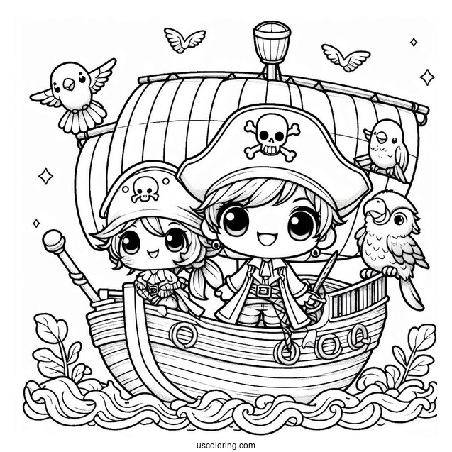 Adorable Chibi Pirates On A Pirate Ship Coloring Page With A Parrot