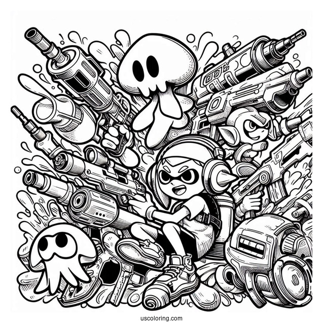 Super Smash Bros Coloring Page Of Splatoon With Weapons Super Smash Bros
