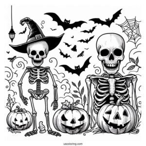 Skeleton Coloring Page Of Jack O Lantern With Ghost And Bat