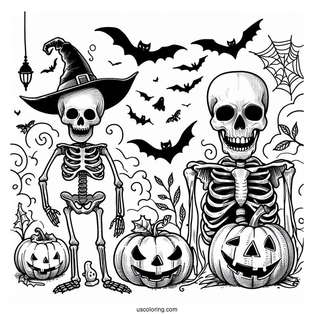 Skeleton Coloring Page Of Jack O Lantern With Ghost And Bat