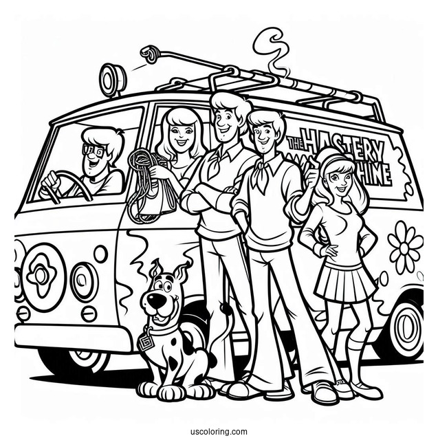 Scooby Gang With The Mystery Machine Coloring Page