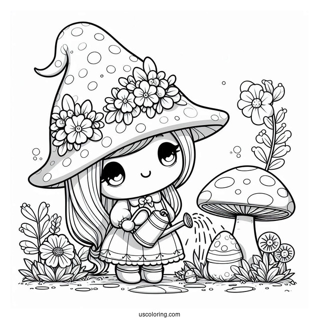 Chibi Coloring Page Gnome in a Fantasy Mushroom Forest Watering Flowers For Kids